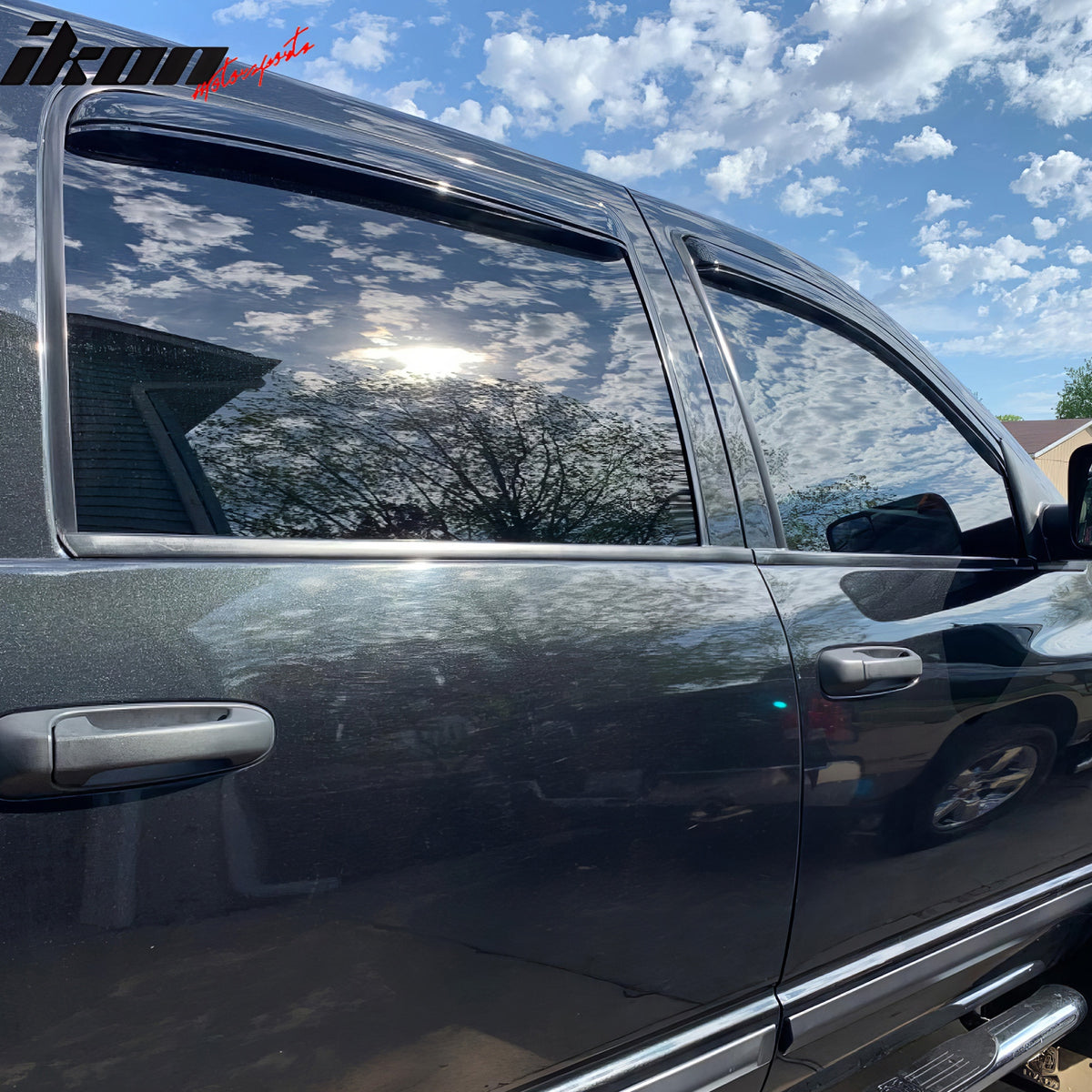 IKON MOTORSPORTS In Channel Window Visors Compatible with 2006-2008 Dodge Ram 1500 Mega Cab, 2006-2009 Ram 2500 3500 Mega Cab, Slim Style Acrylic Smoke Rain Guards, Side Window Wind Deflectors 4PCS