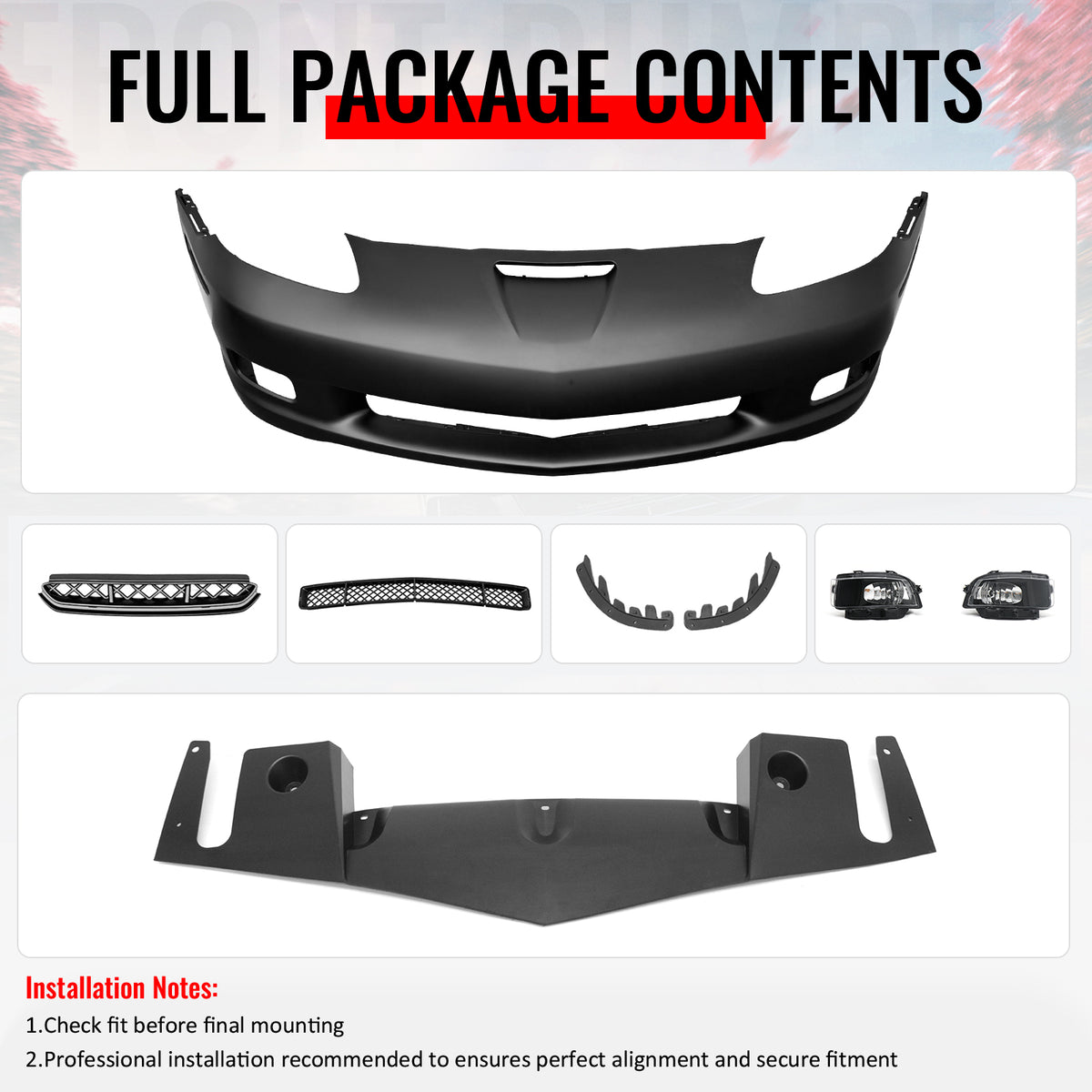 For 06-13 Corvette C6 Front Bumper Cover Z06 Style Conversion Assembly +Foglight