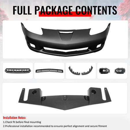 For 06-13 Corvette C6 Front Bumper Cover Z06 Style Conversion Assembly +Foglight
