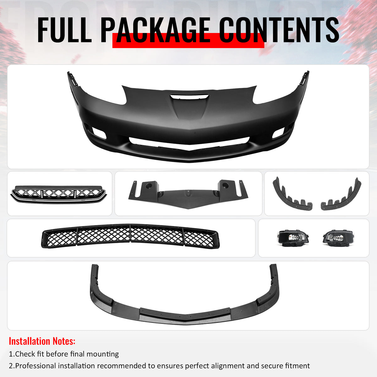 For 06-13 Corvette C6 Z06 Front Bumper Cover Conversion Foglight Gloss Black Lip