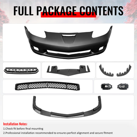 For 06-13 Corvette C6 Z06 Front Bumper Cover Conversion Foglight Gloss Black Lip
