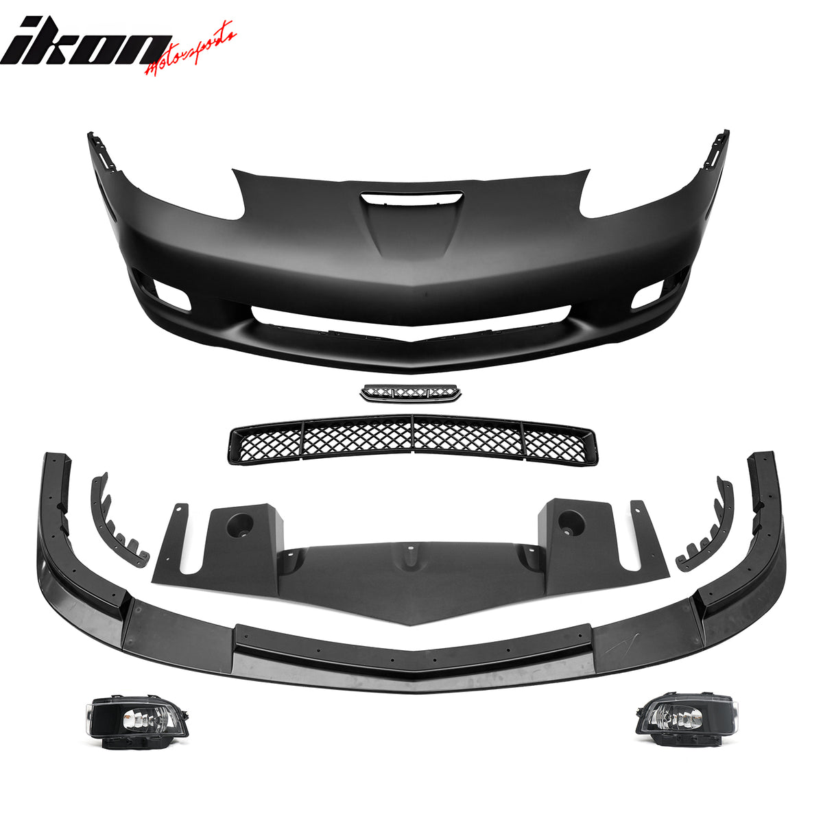 For 06-13 Corvette C6 Z06 Front Bumper Cover Conversion Foglight Gloss Black Lip