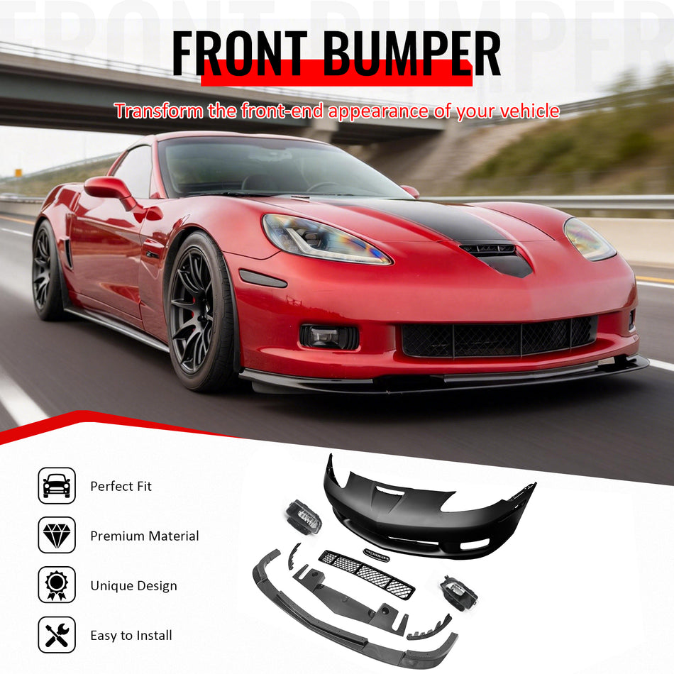 IKON MOTORSPORTS Front Bumper Cover, Compatible with 2006-2013 Chevy Corvette C6, Z06 Style Unpainted PP Bumper Conversion Kit + Holgen Foglights + Carbon Fiber Print ZR1 Style Lip