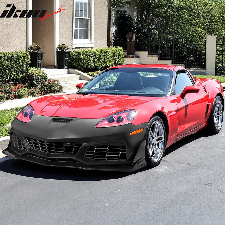 IKON MOTORSPORTS Front Bumper Cover, Compatible with 2006-2013 Chevy Corvette C6 427/Grand Sport/Z06/ZR1, C7 ZR1 Style Unpainted Black PP&ABS Replacement Bumper Conversion Bodykit