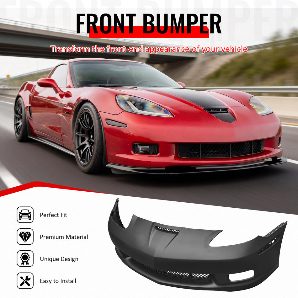 IKON MOTORSPORTS Front Bumper Cover, Compatible with 2006-2013 Chevrolet Corvette 427/Grand Sport/Z06/ZR1, Z06 Style Unpainted Black PP Polypropylene Replacement Bumper Conversion Bodykit with Grille