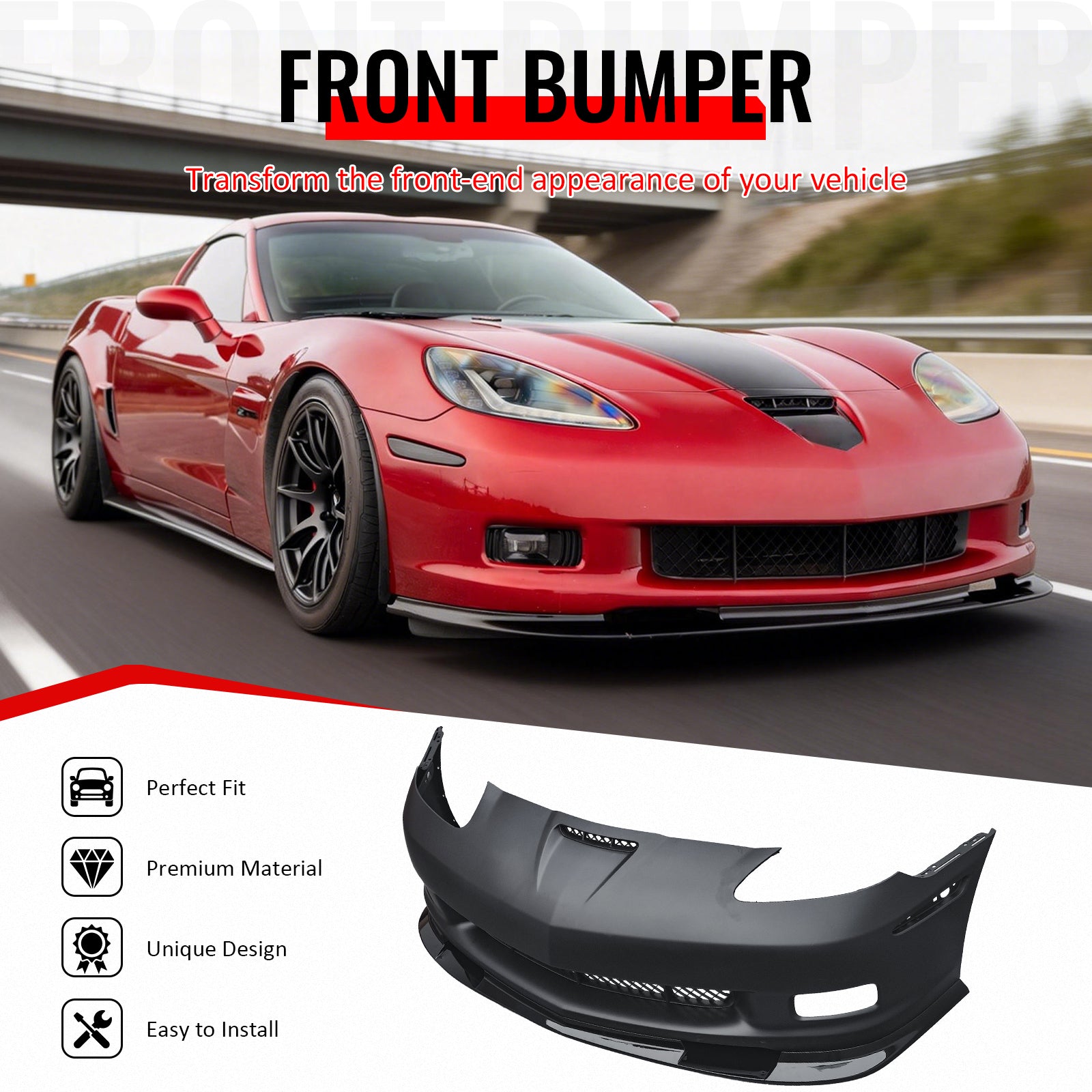IKON MOTORSPORTS Front Bumper Cover with Gloss Black Lip, Compatible with 2006-2013 Chevrolet Corvette 427/Grand Sport/Z06/ZR1, Z06 Style Unpainted Black PP Replacement Bumper Conversion Bodykit
