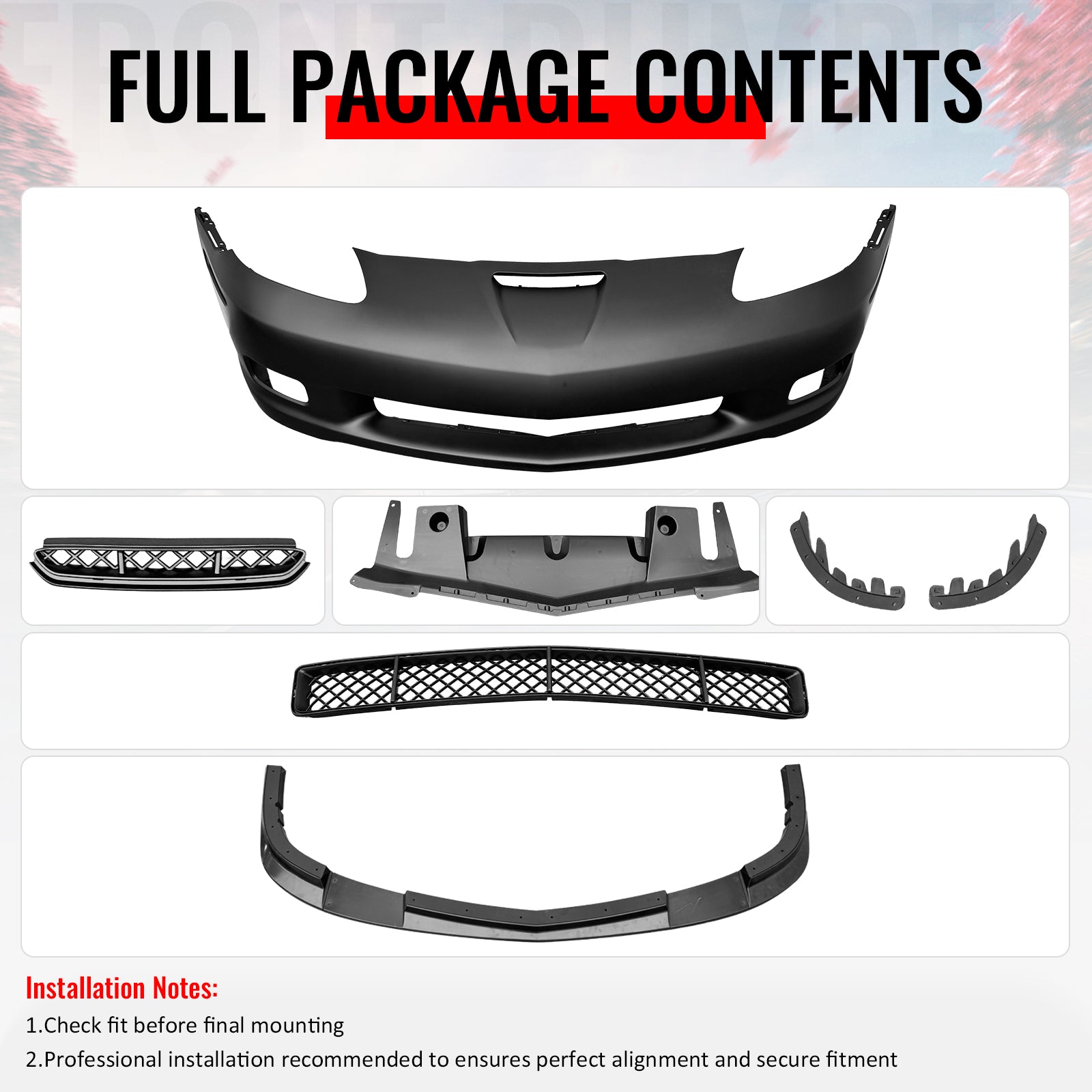Fits 06-13 Chevrolet Corvette C6 Front Bumper Cover Z06 Style w/ Gloss Black Lip