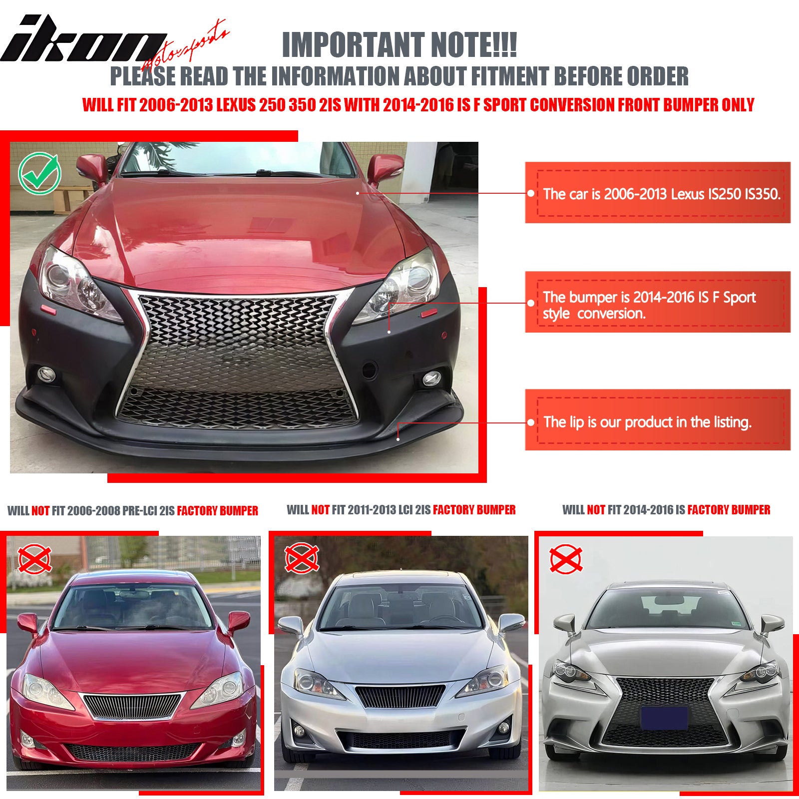 IKON MOTORSPORTS Front Bumper Lip, Compatible with 2006-2013 Lexus IS250 IS350 Sedan Convertible W/ Conversion 2014-2016 F Sport Front Bumper, Unpainted PP Air Dam Chin Spoiler Protector Splitter 1PC