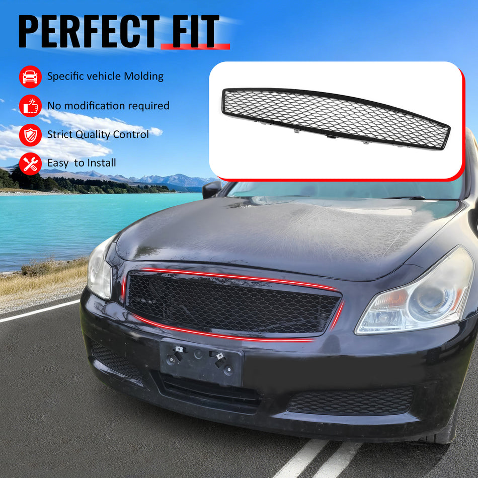 IKON MOTORSPORTS Front Upper Grille, Compatible with 2007-2008 Infiniti G35& 2009 G37 Sedan, Honeycomb Style Gloss Black ABS Replacement Front Bumper Hood Grill