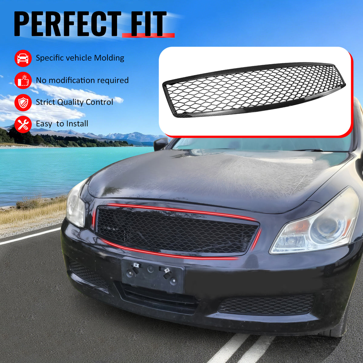 IKON MOTORSPORTS Front Upper Grille, Compatible with 2007-2008 Infiniti G35 & 2009 G37 Sedan, Honeycomb Style Carbon Fiber Print ABS Replacement Front Bumper Hood Grill