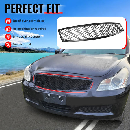 IKON MOTORSPORTS Front Upper Grille, Compatible with 2007-2008 Infiniti G35 & 2009 G37 Sedan, Honeycomb Style Carbon Fiber Print ABS Replacement Front Bumper Hood Grill