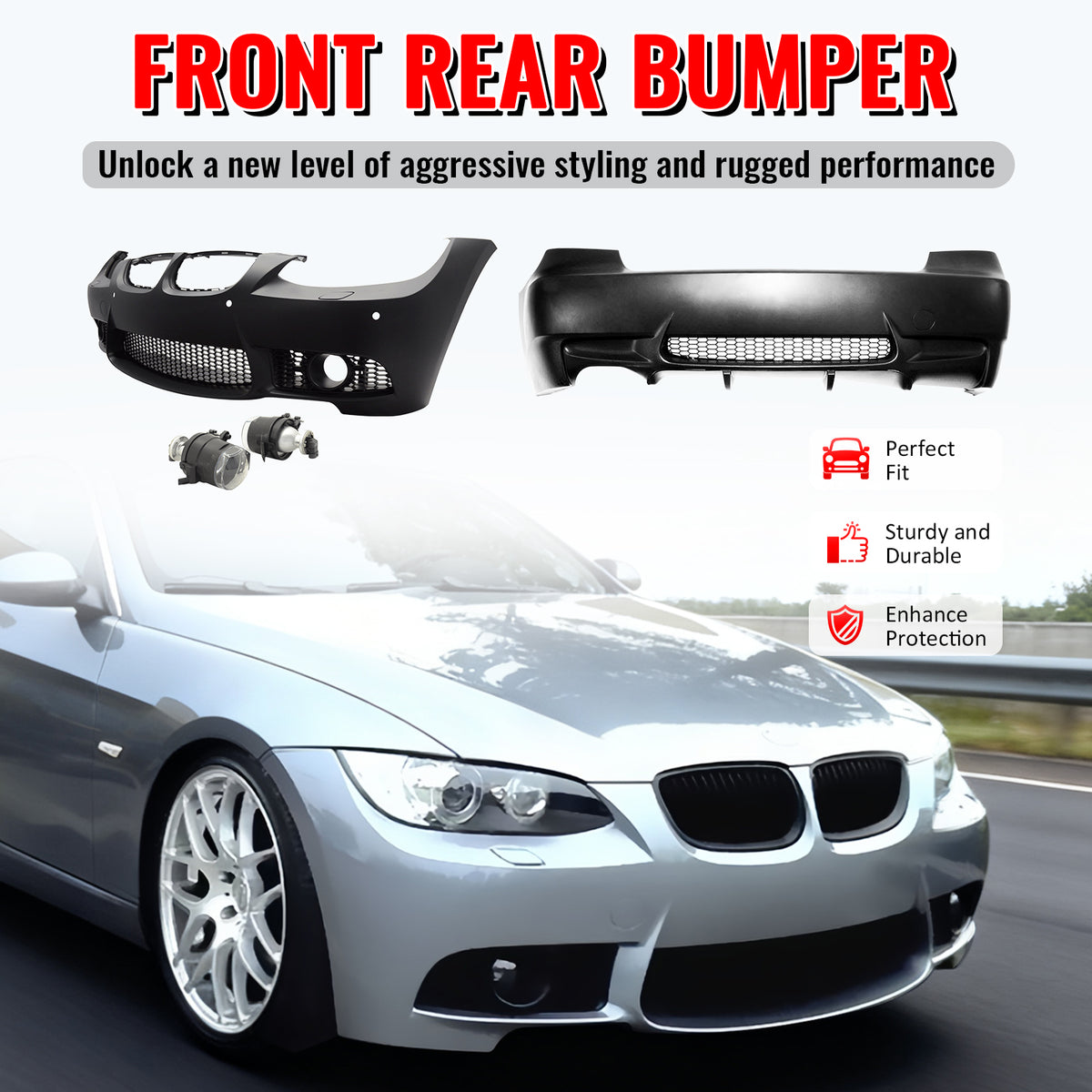 Fits 07-10 BMW E92 E93 3 Series M3 Style Fog Lamps Front & Rear Bumper Cover PP