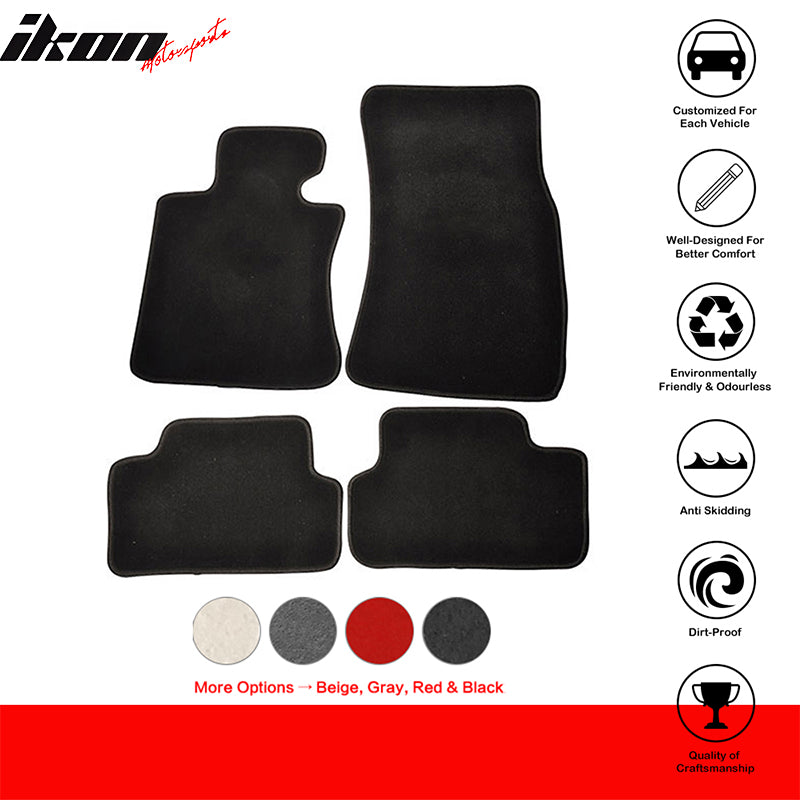 Set of black car floor mats with ikon logo and product features on a white background.