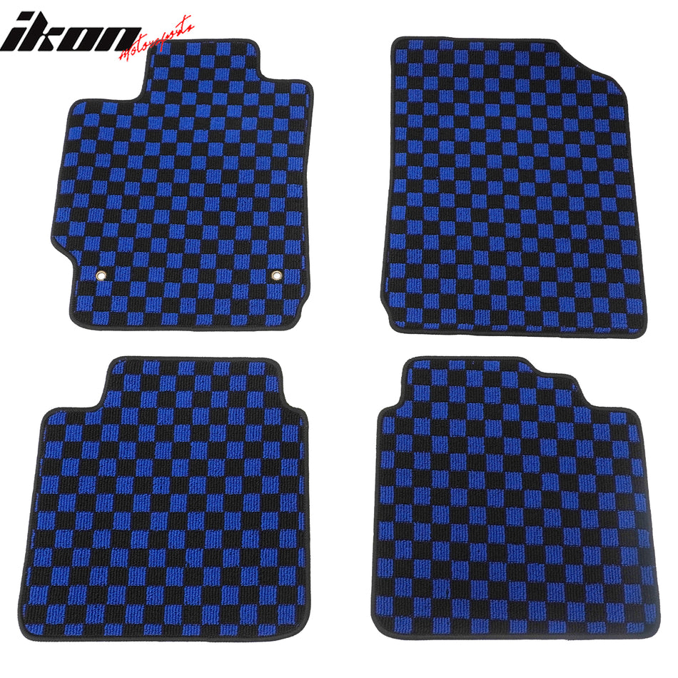 Front Rear Full Set Waterproof Floor Mats for Toyota Camry 2007-2011 Black Blue Plaid Checkered Carpets PP & Loop Pile Surface & TPE Backing 4PCS