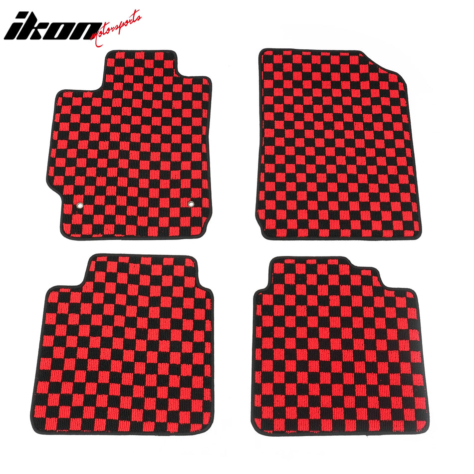 Front Rear Full Set Waterproof Floor Mats for Toyota Camry 2007-2011 Black Red Plaid Checkered Carpets PP & Loop Pile Surface & TPE Backing 4PCS