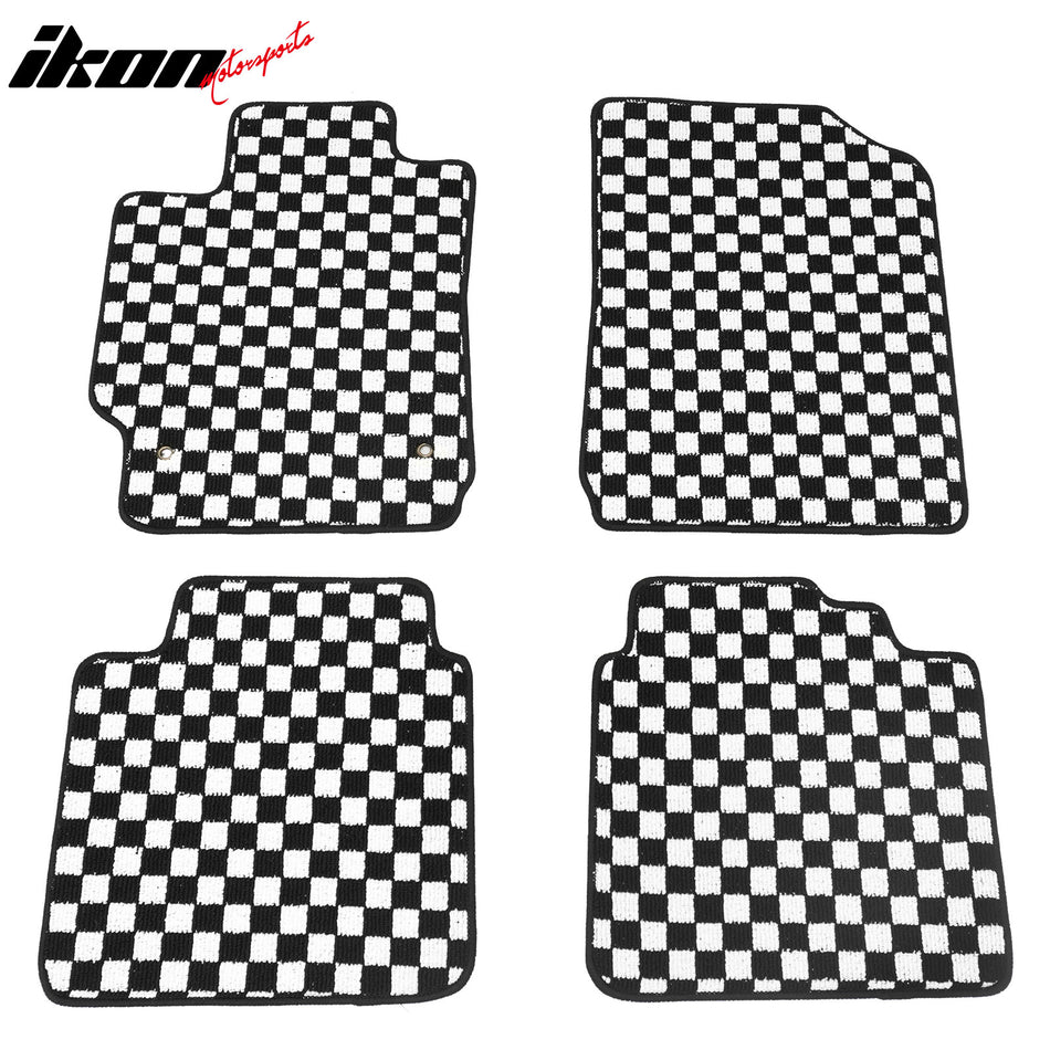 Front Rear Full Set Waterproof Floor Mats for Toyota Camry 2007-2011 Black White Plaid Checkered Carpets PP & Loop Pile Surface & TPE Backing 4PCS