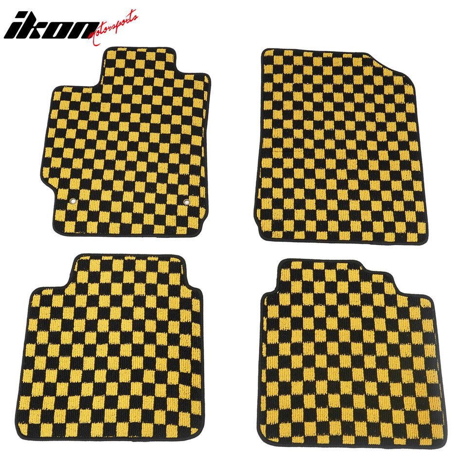 Front Rear Full Set Waterproof Floor Mats for Toyota Camry 2007-2011 Black Yellow Plaid Checkered Carpets PP & Loop Pile Surface & TPE Backing 4PCS
