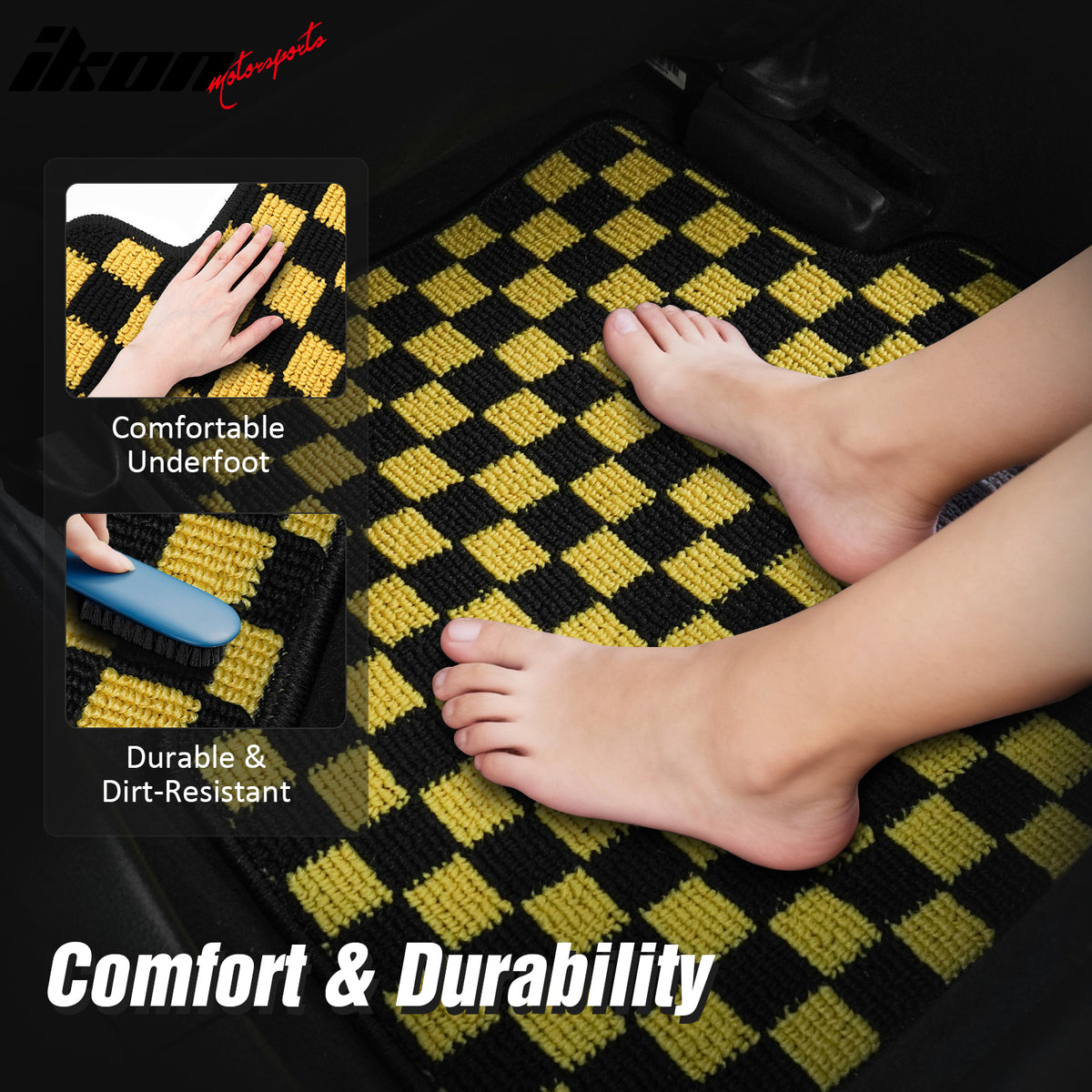 Fits 07-11 Toyota Camry Anti-slip Floor Mats Checkered Carpet Black Yellow Plaid