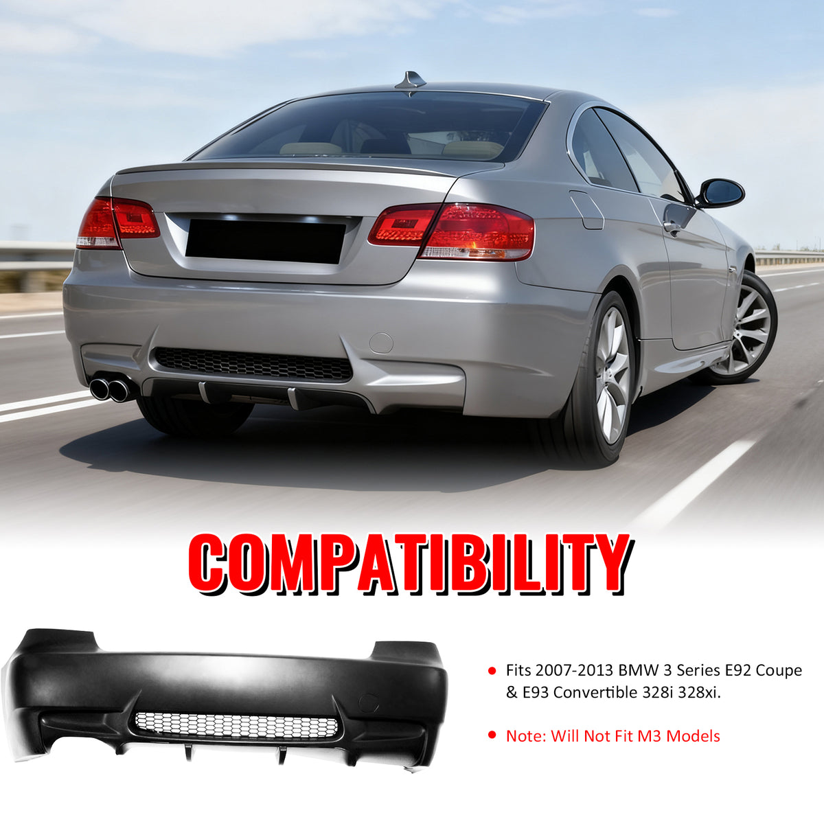 Fits 07-13 BMW E92 E93 3 Series 2Dr M3 Style Rear Bumper Cover Replacement PP