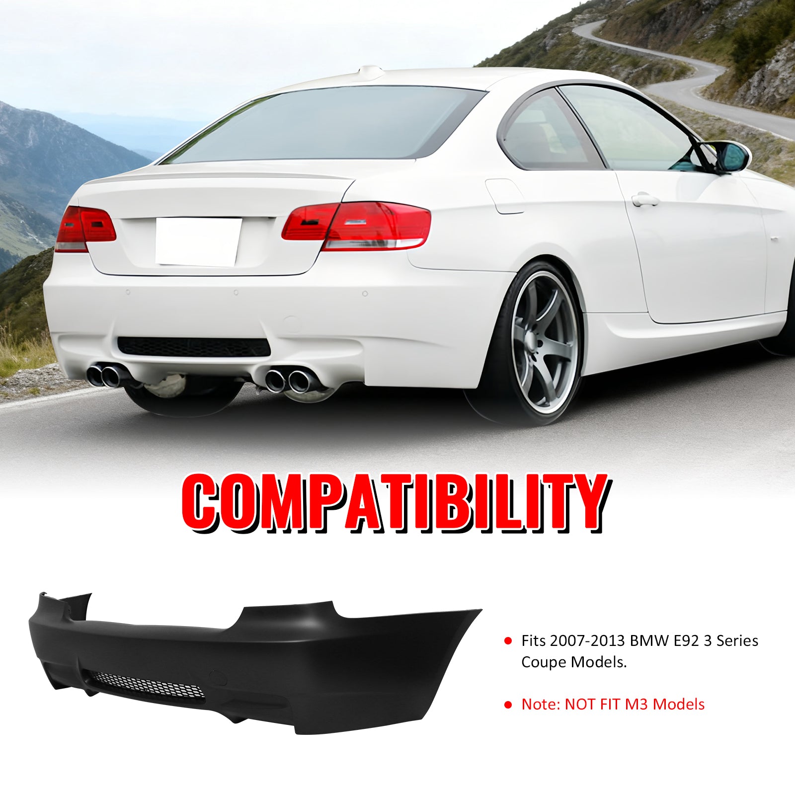 Fits 07-13 BMW E92 3-Series Coupe 2Dr M3 Style Rear Bumper Cover Replacement PP