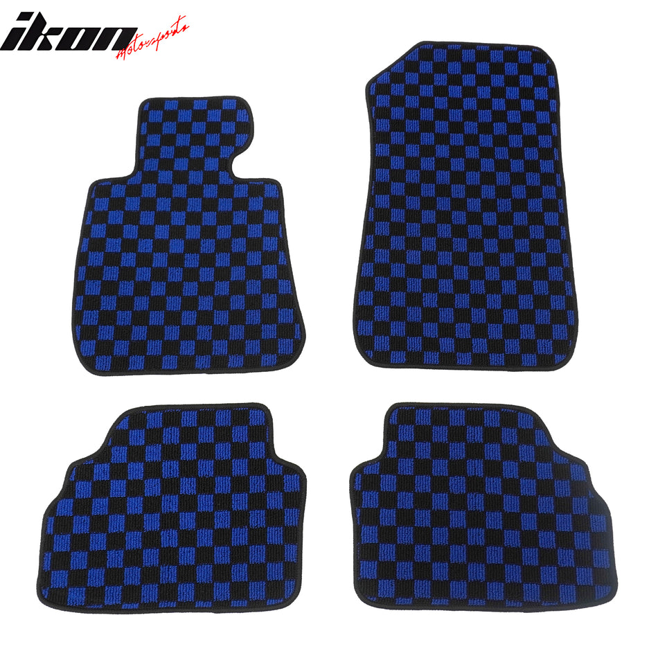 Front Rear Full Set Waterproof Floor Mats for BMW E92 3-Series Coupe 2007-2013 Black Blue Plaid Checkered Carpets PP & Loop Pile Surface & TPE Backing