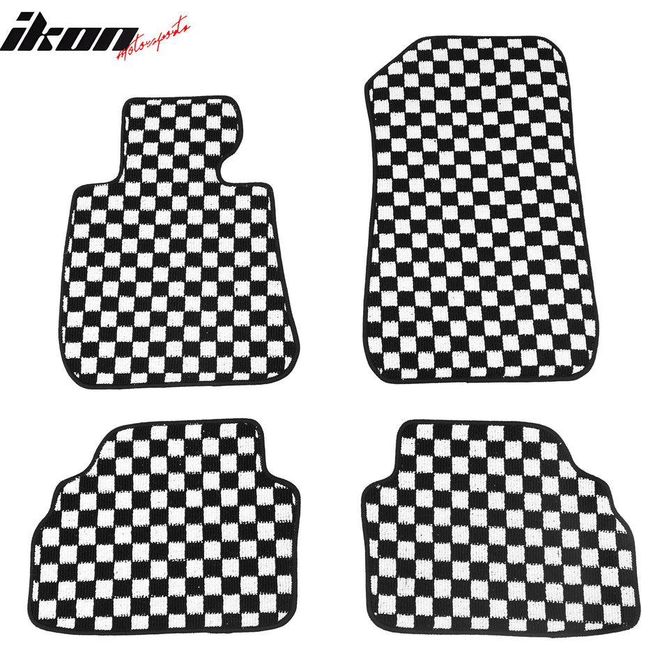 Front Rear Full Set Waterproof Floor Mats for BMW E92 3-Series Coupe 2007-2013 Black White Plaid Checkered Carpet PP & Loop Pile Surface & TPE Backing