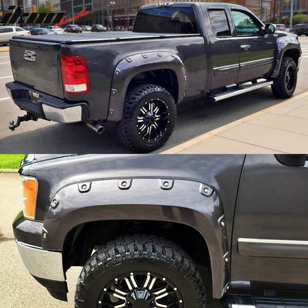 IKON MOTORSPORTS Fender Flares Compatible with 2007-2013 GMC Sierra 1500 6.5' Standard Bed & 8' Long bed, Pocket Riveted Style Injected Molded PP Wheel Flare Cover Protector Set, 4 Pcs, Front & Rear