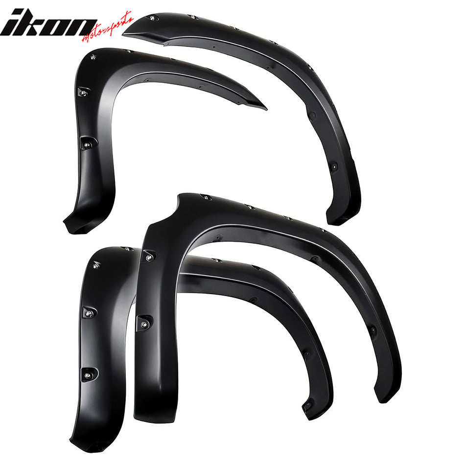 IKON MOTORSPORTS Fender Flares Compatible with 2007-2013 Toyota Tundra Short Bed, Pocket Rivet Bolt Style ABS Smooth Black Wheel Flare Cover Protector Set, 4 Pcs, Front & Rear