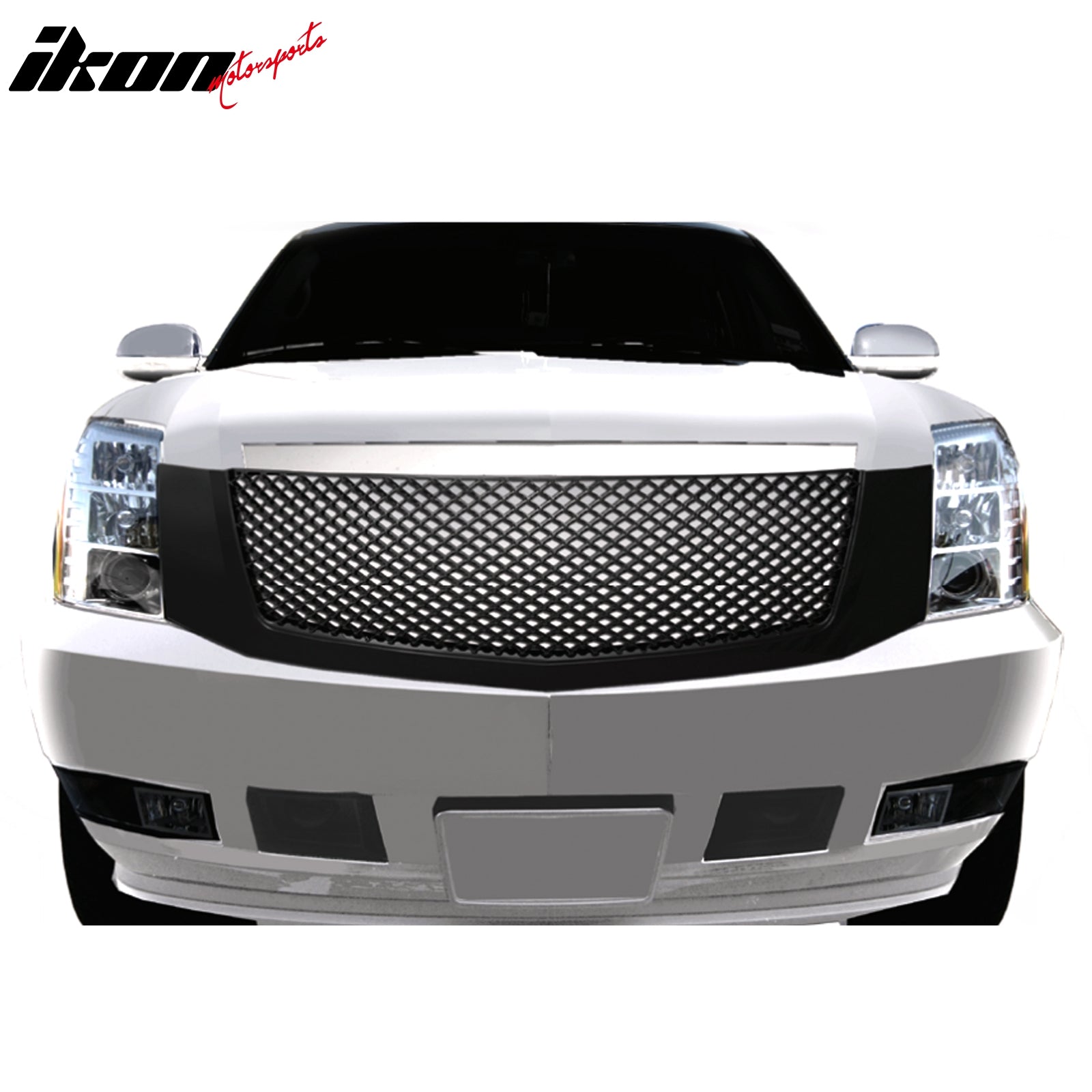 IKON MOTORSPORTS Front Bumper Grille, Compatible with 2007-2014 Cadillac Escalade, Mesh Style Chrome ABS Replacement Front Bumper Grill Assembly, 1PCS