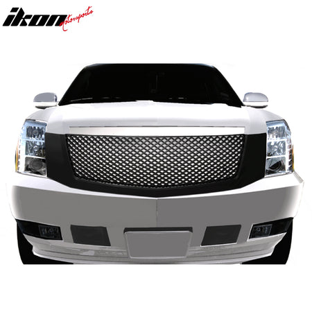 IKON MOTORSPORTS Front Bumper Grille, Compatible with 2007-2014 Cadillac Escalade, Mesh Style Chrome ABS Replacement Front Bumper Grill Assembly, 1PCS