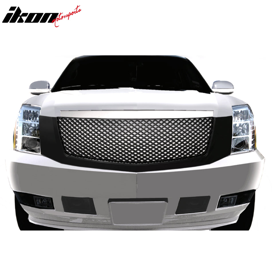 IKON MOTORSPORTS Front Bumper Grille, Compatible with 2007-2014 Cadillac Escalade, Mesh Style Chrome ABS Replacement Front Bumper Grill Assembly, 1PCS