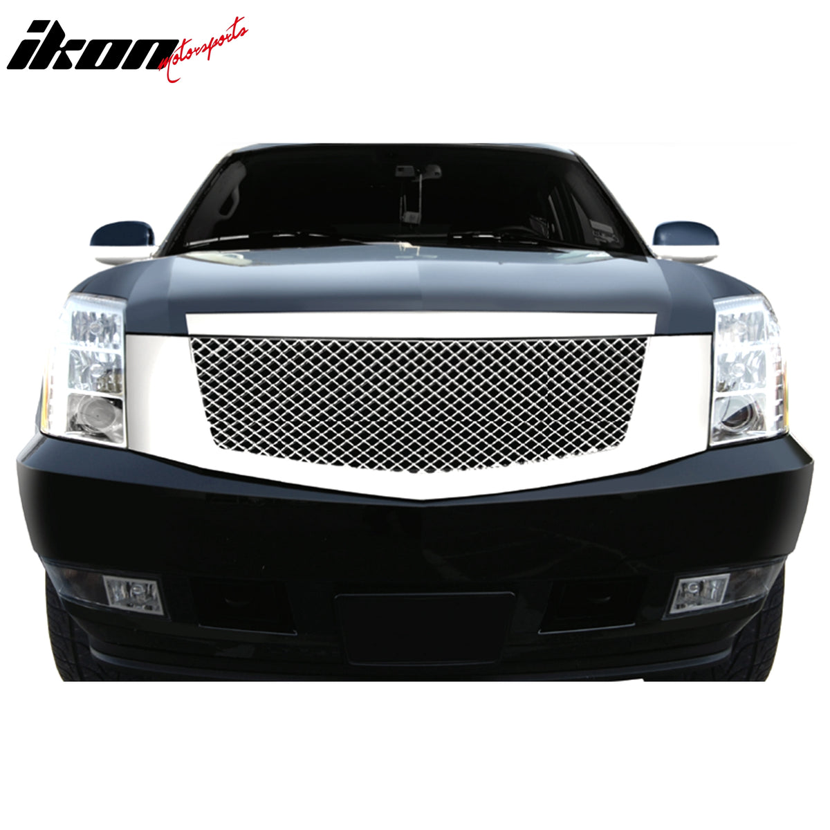 IKON MOTORSPORTS Front Bumper Grille, Compatible with 2007-2014 Cadillac Escalade, Mesh Style Chrome ABS Replacement Front Bumper Grill Assembly, 1PCS