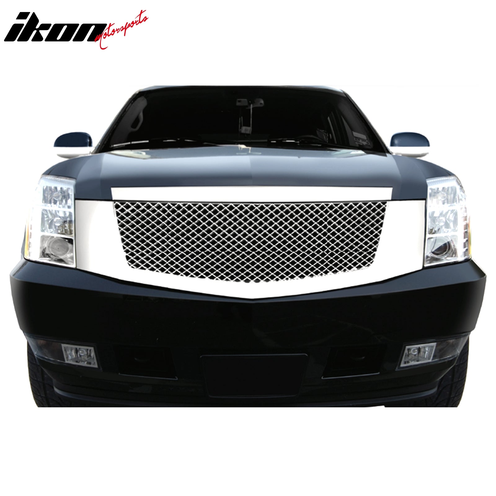 IKON MOTORSPORTS Front Bumper Grille, Compatible with 2007-2014 Cadillac Escalade, Mesh Style Chrome ABS Replacement Front Bumper Grill Assembly, 1PCS