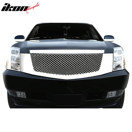 IKON MOTORSPORTS Front Bumper Grille, Compatible with 2007-2014 Cadillac Escalade, Mesh Style Chrome ABS Replacement Front Bumper Grill Assembly, 1PCS