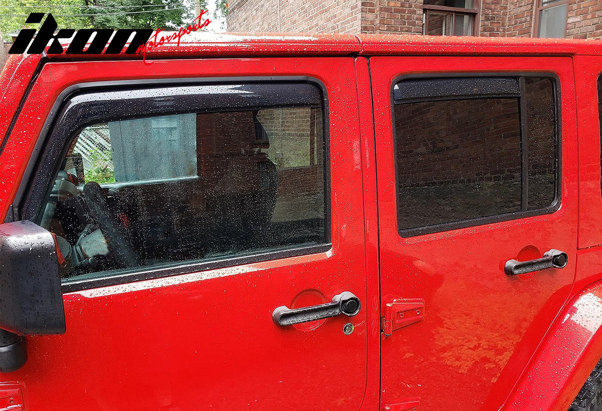 IKON MOTORSPORTS In Channel Window Visors Compatible with 2007-2017 Jeep Wrangler Unlimited 4Dr, 2018 Wrangler JK Unlimited 4Dr, Slim Style Acrylic Smoke Rain Guards, Side Window Wind Deflectors 4PCS