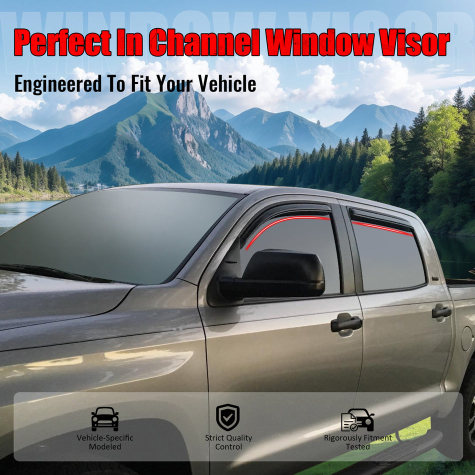 IKON MOTORSPORTS In Channel Window Visors Compatible with 2007-2021 Toyota Tundra Crewmax Cab, Slim Style Acrylic Smoke Rain Guards, Side Window Wind Deflectors 4PCS
