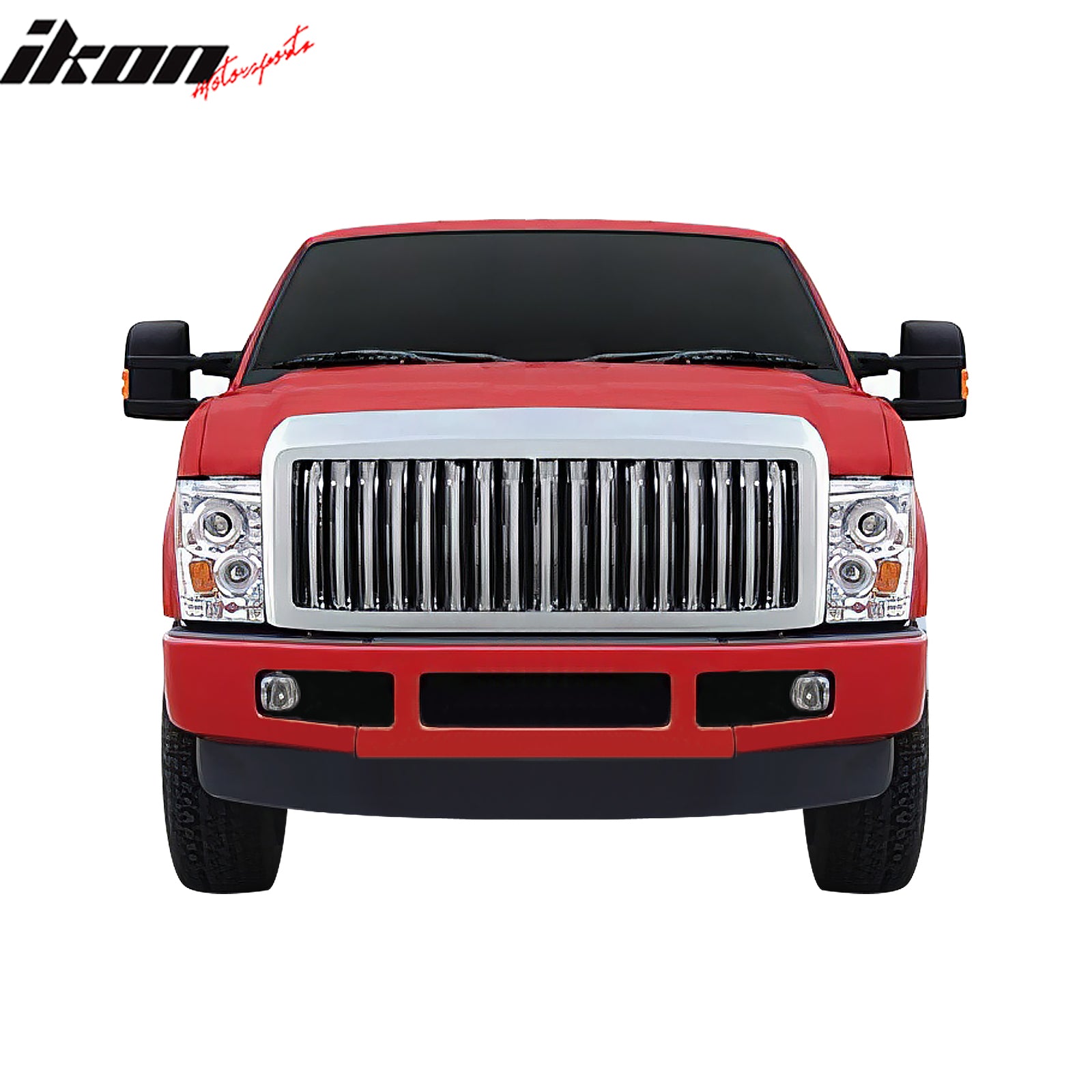 IKON MOTORSPORTS Front Upper Grille, Compatible with 2008-2009 Ford Super Duty, Chrome Replacement Front Bumper Hood Grill Assembly 1PC