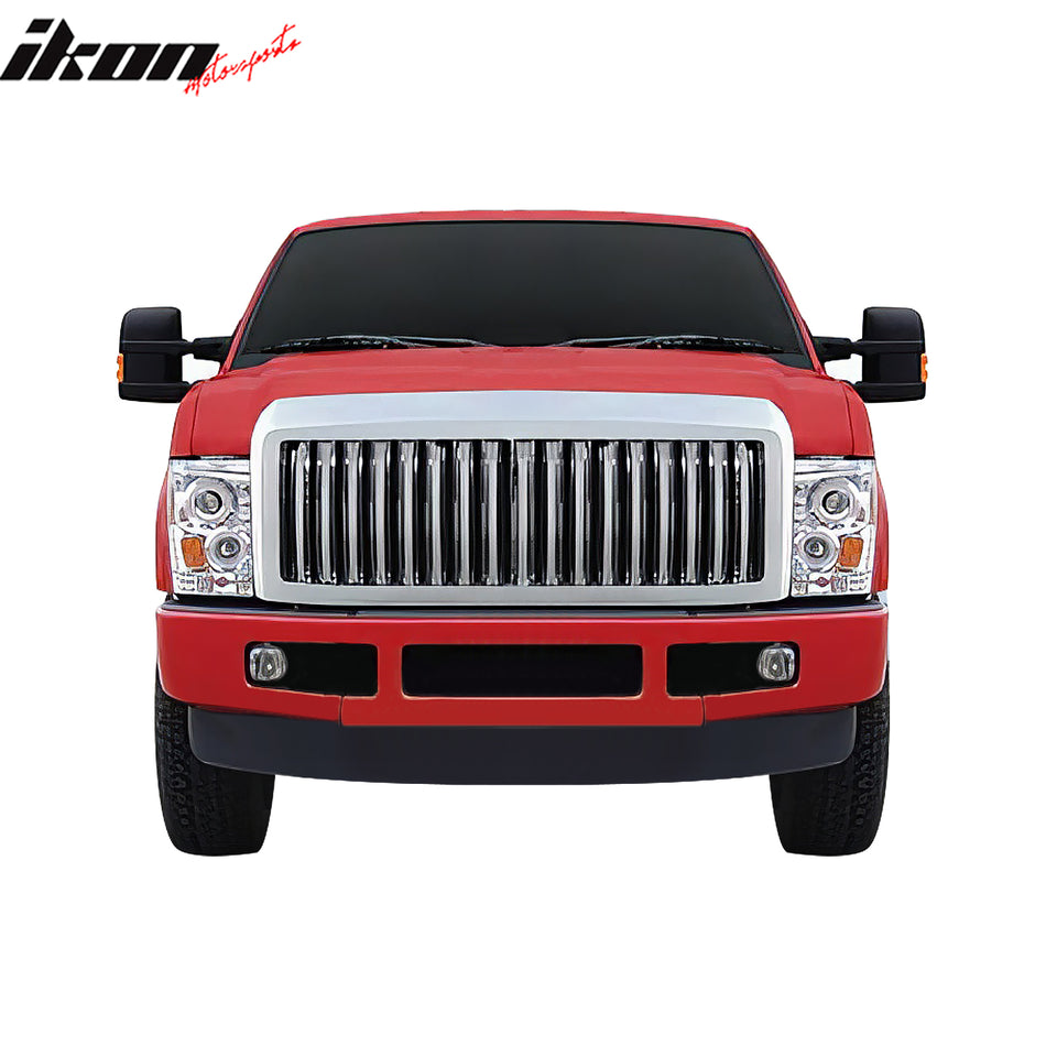 IKON MOTORSPORTS Front Upper Grille, Compatible with 2008-2009 Ford Super Duty, Chrome Replacement Front Bumper Hood Grill Assembly 1PC