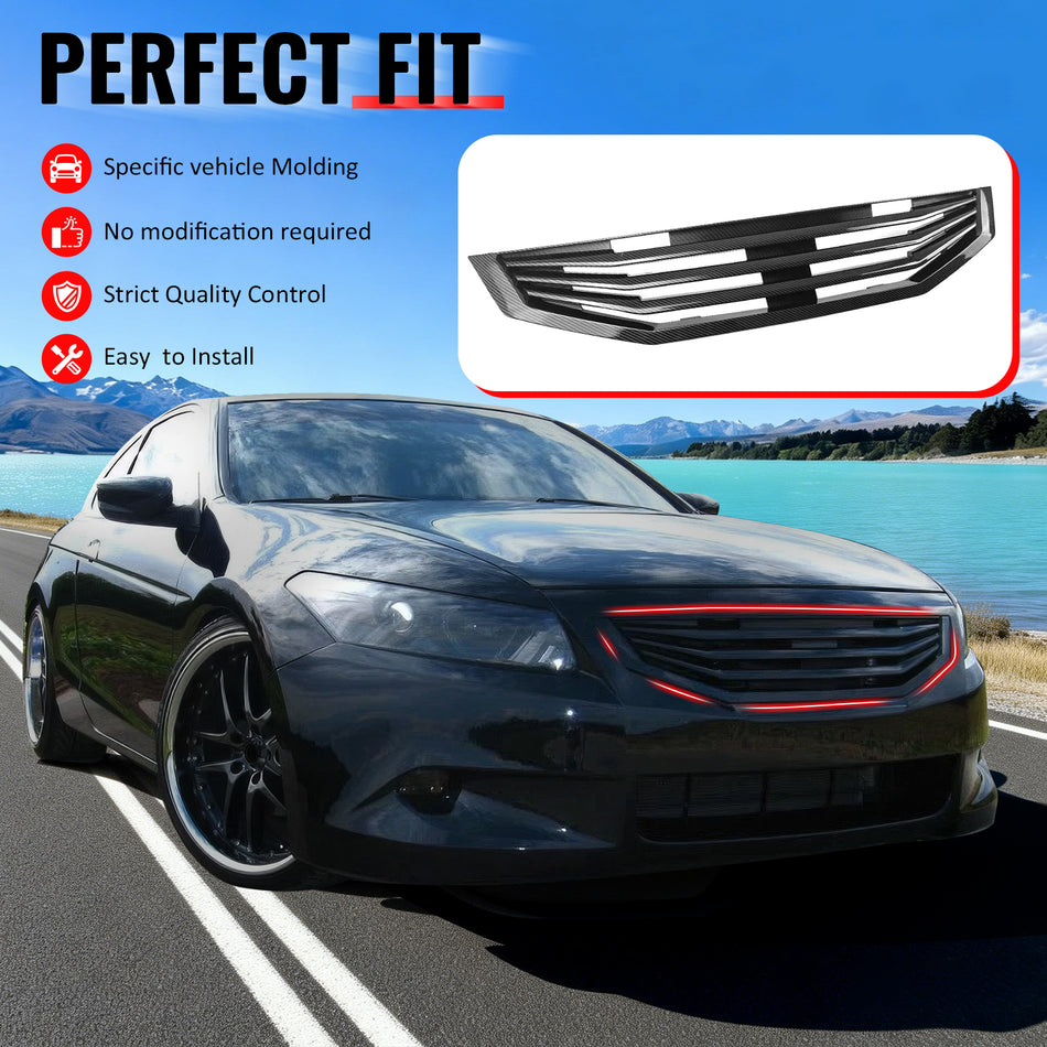 IKON MOTORSPORTS Front Upper Grille, Compatible with 2008-2010 Honda Accord Coupe 2-Door, Mugen Style Carbon Fiber Print ABS Replacement Front Bumper Hood Grill