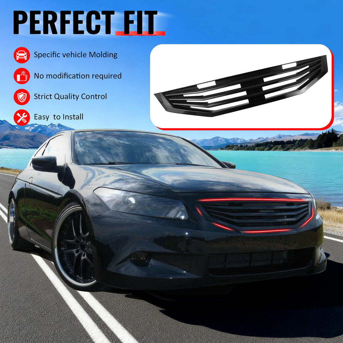 IKON MOTORSPORTS Front Upper Grille, Compatible with 2008-2010 Honda Accord Coupe 2-Door, Mugen Style Matte Black ABS Replacement Front Bumper Hood Grill