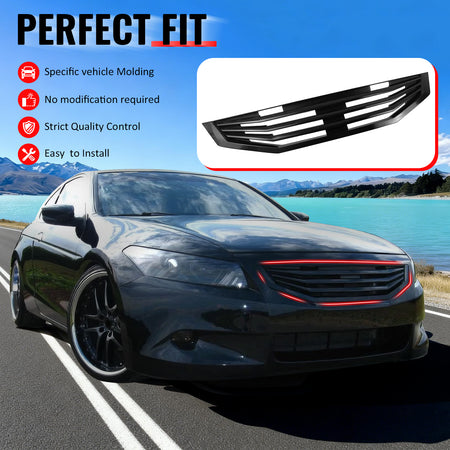 IKON MOTORSPORTS Front Upper Grille, Compatible with 2008-2010 Honda Accord Coupe 2-Door, Mugen Style Matte Black ABS Replacement Front Bumper Hood Grill
