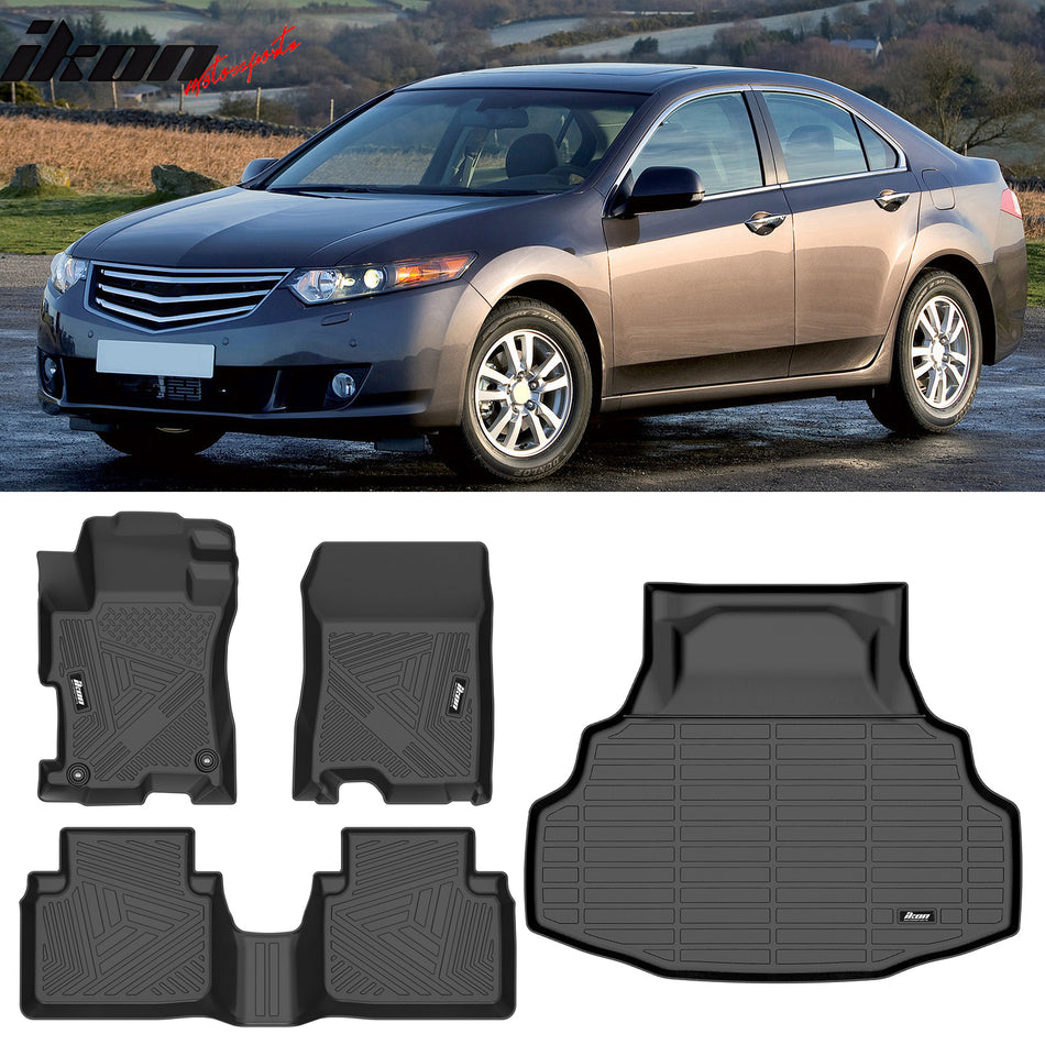 2008-2012 Honda Accord Sedan 3D TPE All Weather Heavy Duty Waterproof Anti-Slip Interior Cargo Liner Carpets Floor Mats + Rear Trunk Mat IKON Style
