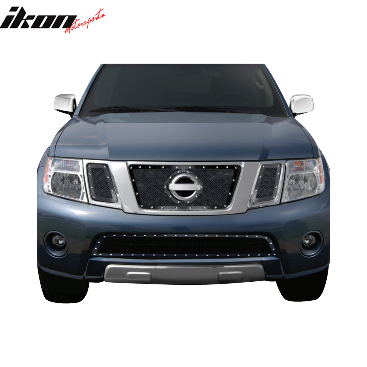 IKON MOTORSPORTS Front Upper Grille Inserts, Compatible with 2008-2012 Nissan Pathfinder, Perimeter Woven Mesh W/Chrome Rivets Unpainted Black Stainless Steel Replacement Front Bumper Hood Grill, 3PCS