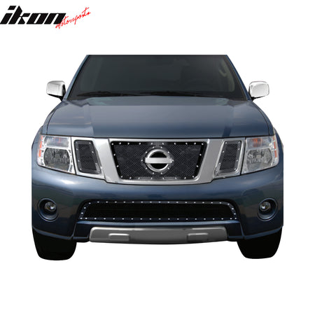IKON MOTORSPORTS Front Upper Grille Inserts, Compatible with 2008-2012 Nissan Pathfinder, Perimeter Woven Mesh W/Chrome Rivets Unpainted Black Stainless Steel Replacement Front Bumper Hood Grill, 3PCS