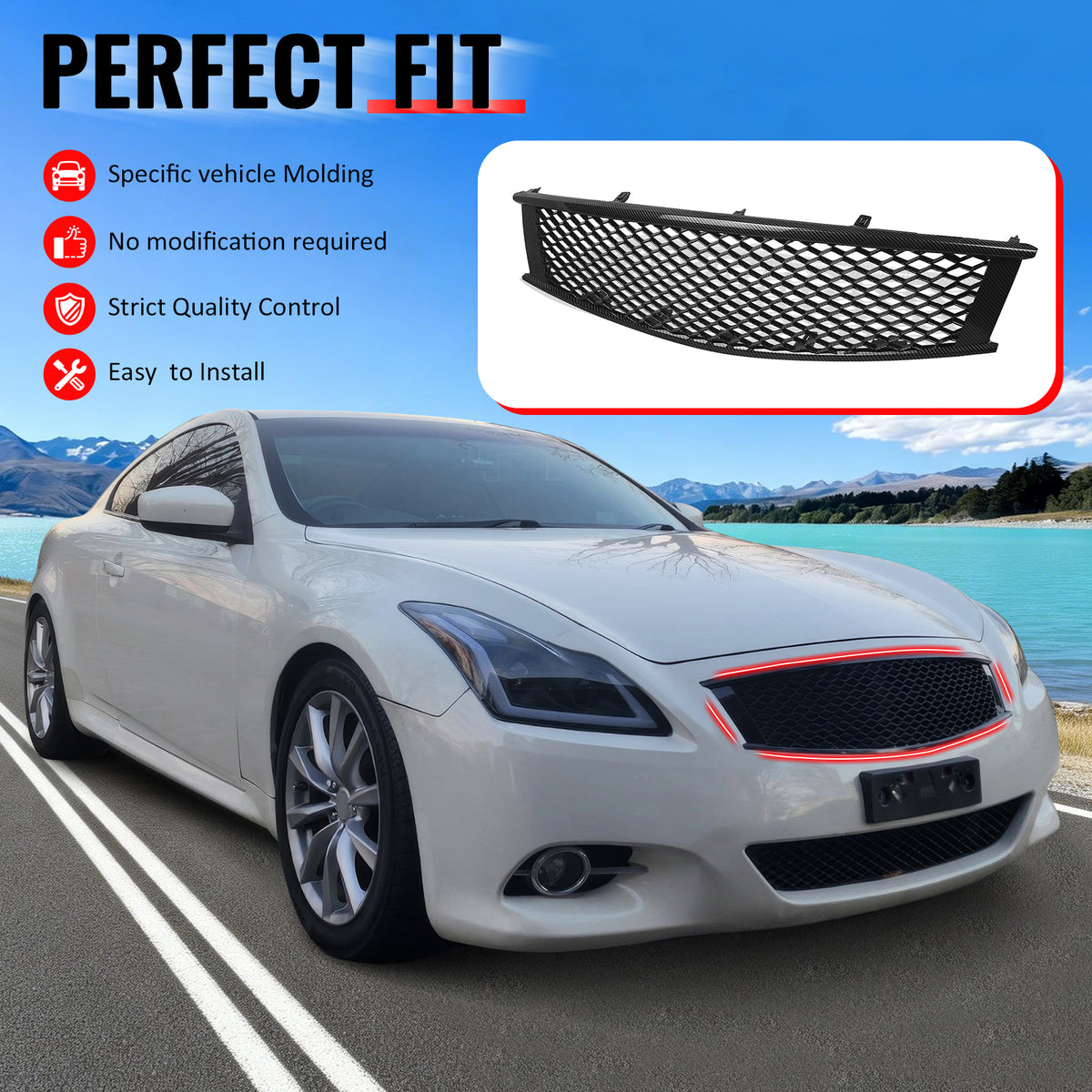 IKON MOTORSPORTS Front Upper Grille, Compatible with 2008-2013 Infiniti G37 Coupe& 2014-2015 Q60, Honeycomb Style Carbon Fiber Print ABS Replacement Front Bumper Hood Grill