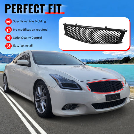 IKON MOTORSPORTS Front Upper Grille, Compatible with 2008-2013 Infiniti G37 Coupe& 2014-2015 Q60, Honeycomb Style Carbon Fiber Print ABS Replacement Front Bumper Hood Grill