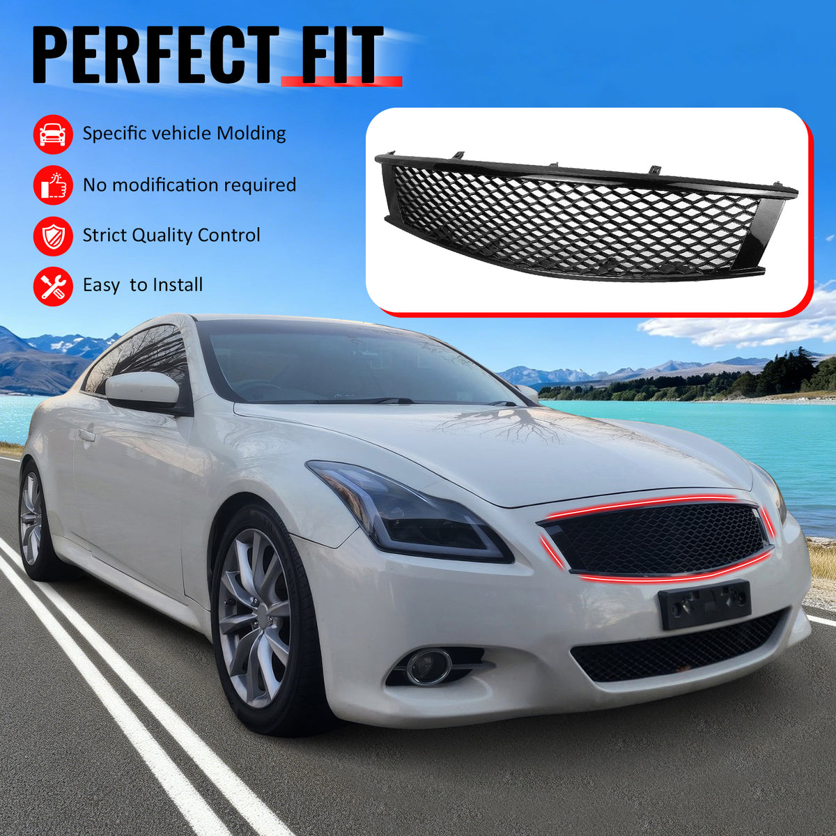 IKON MOTORSPORTS Front Upper Grille, Compatible with 2008-2013 Infiniti G37 Coupe& 2014-2015 Q60, Honeycomb Style Gloss Black ABS Replacement Front Bumper Hood Grill