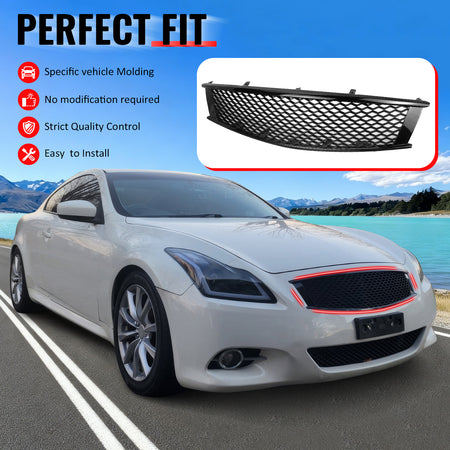 IKON MOTORSPORTS Front Upper Grille, Compatible with 2008-2013 Infiniti G37 Coupe& 2014-2015 Q60, Honeycomb Style Gloss Black ABS Replacement Front Bumper Hood Grill