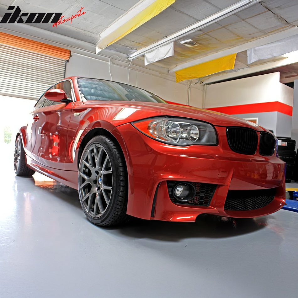 IKON MOTORSPORTS Front Bumper Full Body Kit, Compatible with 2008-2013 BMW 1-Series E82 Coupe & E88 Convertible, 1M Style Matte Black PP Complete Bumper Assembly Replacement Conversion
