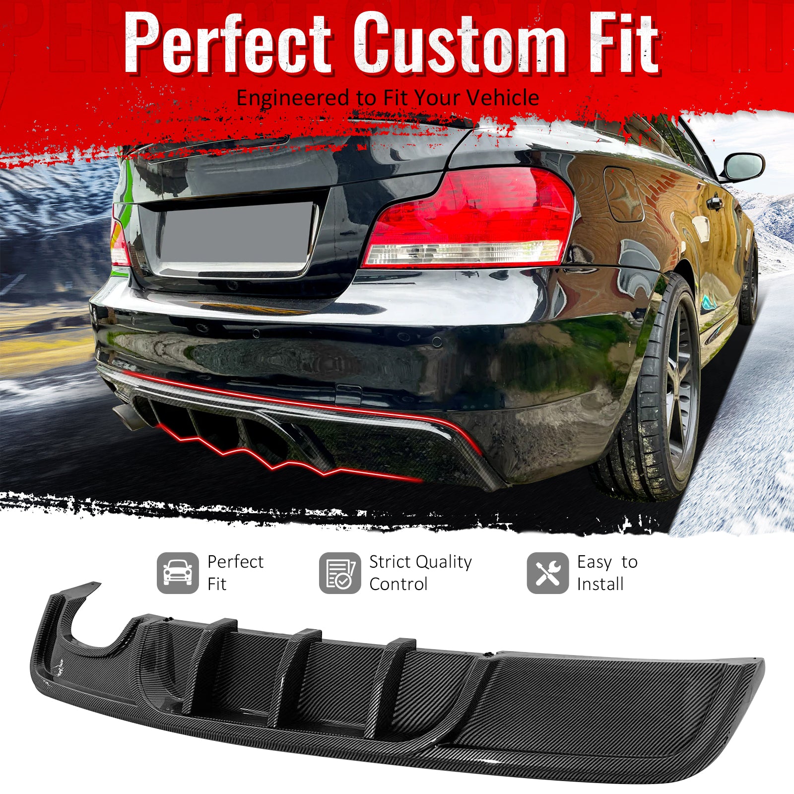 IKON MOTORSPORTS Rear Bumper Lip, Compatible with 2008-2013 BMW 1-Series E82 Coupe & E88 Convertible, M Performance Style Carbon Fiber Print ABS Rear Lower Spoiler Air Dam Chin Valance Splitter 1PC